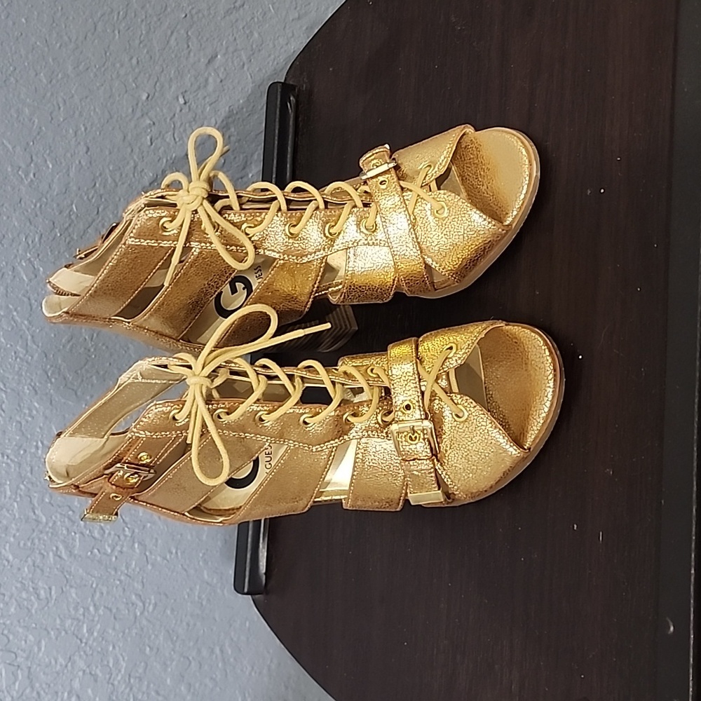 Women's NIB G By Guess Portlyn Laceup Chunky Heel Gold Sandals Size 7 1/2M
